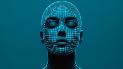 Digital representation of a serene human face with grid patterns.