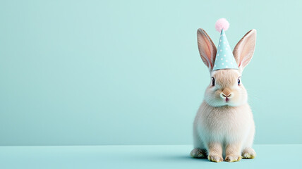 Obraz premium Charming rabbit in party hat on light background, celebrating joyfully