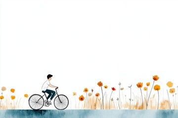 Obraz premium A dreamy watercolor depiction of a cyclist riding through a field of wildflowers, with blurred pastel tones blending into the horizon