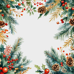Festive Holiday Frame with Green Pine Leaves, Red Berries, and Golden Acorns for Christmas Celebrations and Seasonal Greetings