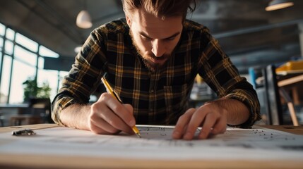 Obraz premium A close-up of an interior designer planning innovative workspace layouts for a tech startup in a renovated industrial warehouse, Industrial workspace design scene, Contemporary industrial style