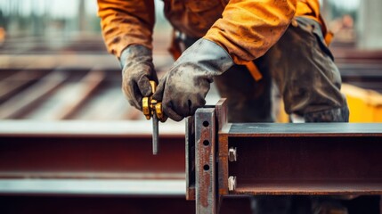 A close-up of an ironworker bolting structural steel beams together at a high-rise building construction site, High-rise steel erection scene, Structural connectivity style