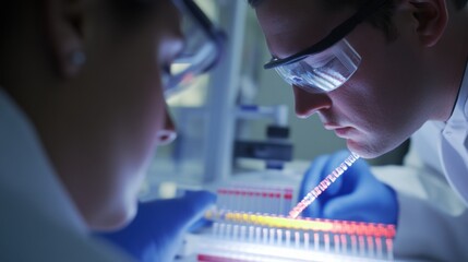 A close-up of engineers in a biomedical research laboratory, analyzing DNA sequences for medical breakthroughs, Biomedical research scene