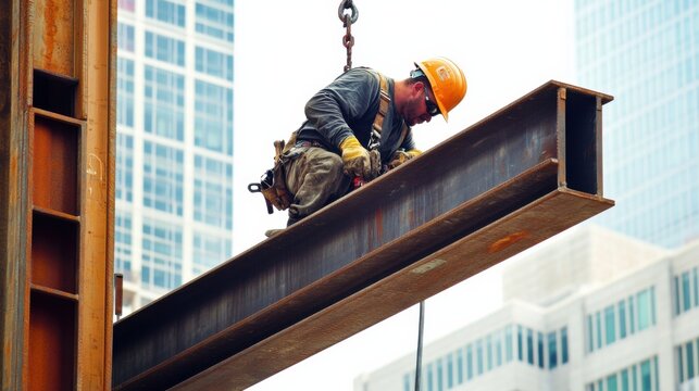 A close-up of an ironworker bolting structural steel beams together at a high-rise building construction site, High-rise steel erection scene, Structural connectivity style