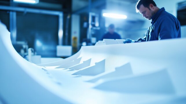 A close-up of engineers in a high-tech aerospace manufacturing facility, inspecting composite materials for aircraft construction, Aerospace manufacturing scene