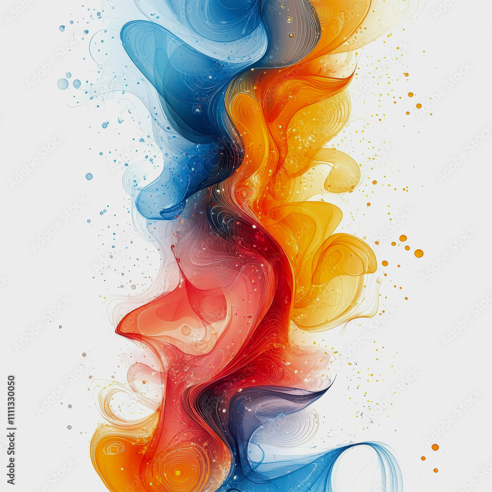 Poster abstract colorful flow of wavy lines with vibrant shades of blue, orange, red, and yellow creating a