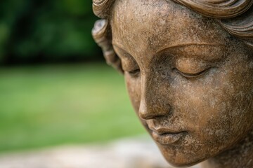 Closeup of a weathered stone buddha head