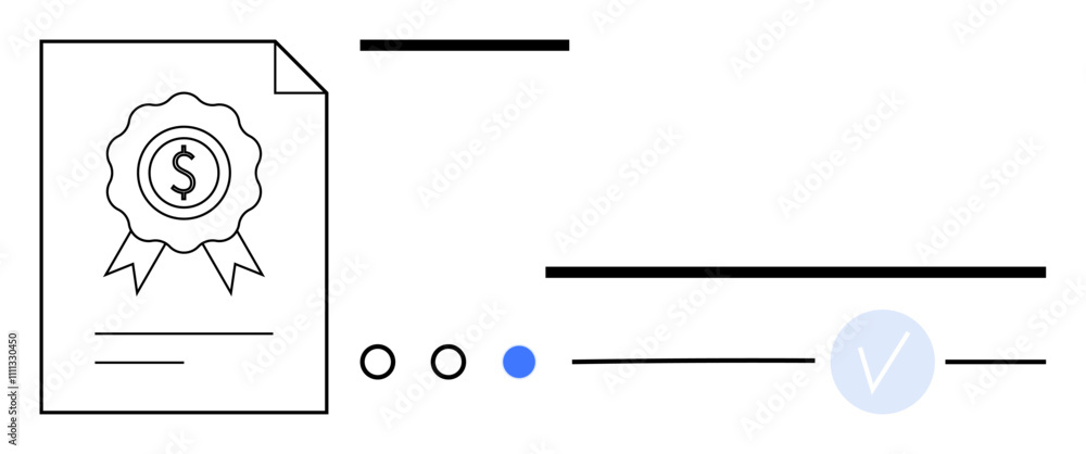 Poster document awarded with a seal and dollar sign. three circular progress indicators next to blue dot. c