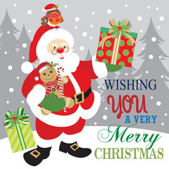 Christmas card design with Santa, gingerbread man and gifts