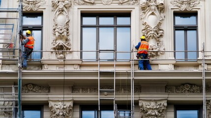 A commercial building renovation site with workers restoring facade details, Building renovation scene, Restoration and craftsmanship style