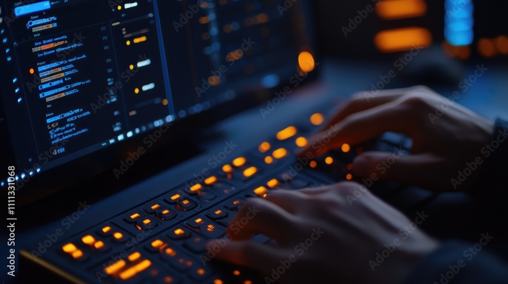 Poster hands typing on a glowing keyboard with computer screen display