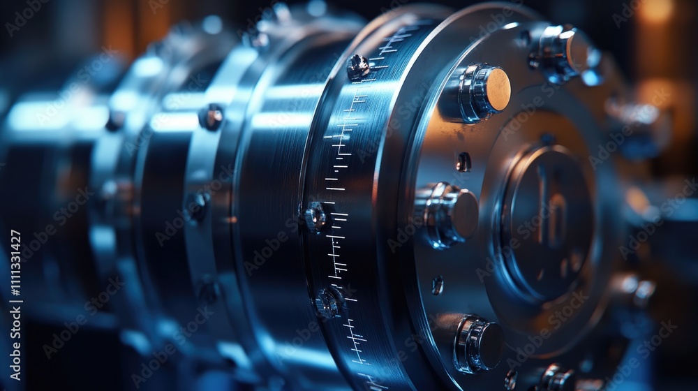 Poster close-up view of industrial machine component with reflective surface