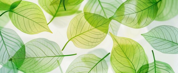 Delicate green leaves creating a serene and tranquil background, showcasing different shades of green with a soft light filtering through. Nature and beauty concept.