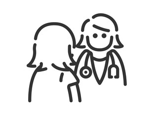 対面診療を受ける、女性のアイコン（線画）（女性医師）のイラスト