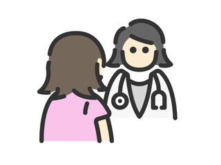 対面診療を受ける、女性のアイコン（線画カラー）（女性医師）のイラスト