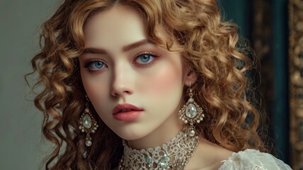 Fototapeta premium Woman beauty, manhwa style, a lot of details, good detailing, beautiful makeup, jewelry, crystal and precious stone jewelry, eyelashes, expression, full view, hairstyle, curly locks. Textured. Aesthet