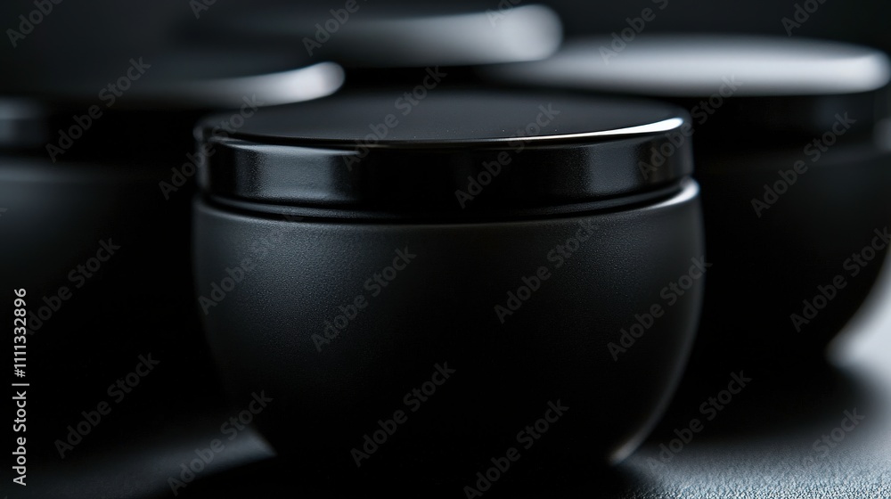 Poster elegant black containers with smooth surfaces and minimalist design arranged aesthetically on a dark