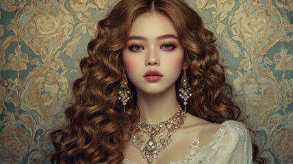 Fototapeta premium Woman beauty, manhwa style, a lot of details, good detailing, beautiful makeup, jewelry, crystal and precious stone jewelry, eyelashes, expression, full view, hairstyle, curly locks. Textured. Aesthet