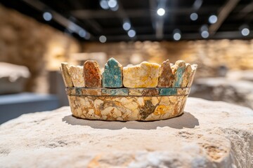 A regal crown glowing softly under museum lighting, surrounded by artifacts of a lost civilization