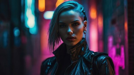 Fototapeta premium Woman in Focus, In a cyberpunk CHILL