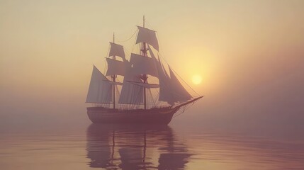 Fototapeta premium Sunset, sailing ship, calm sea, foggy atmosphere.