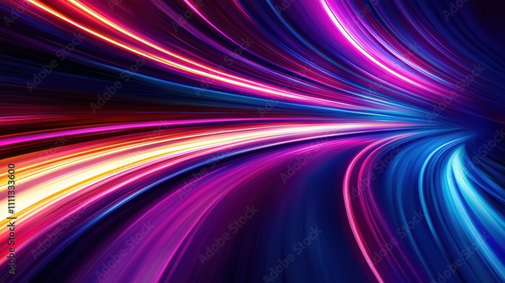 Poster dynamic neon arcs in motion creating a vibrant kinetic energy effect on a dark background
