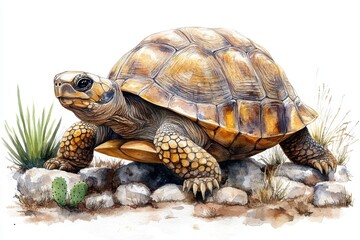 Obraz premium A detailed illustration of a tortoise on rocky terrain surrounded by plants.