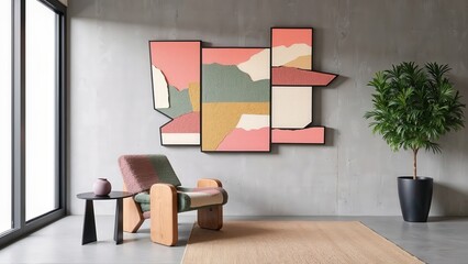 Generative AI, A Modern Living Room Featuring Bold Abstract Wall Art, Sculptural Furniture, and Soft Pastel Textures for a Dynamic and Inviting Space