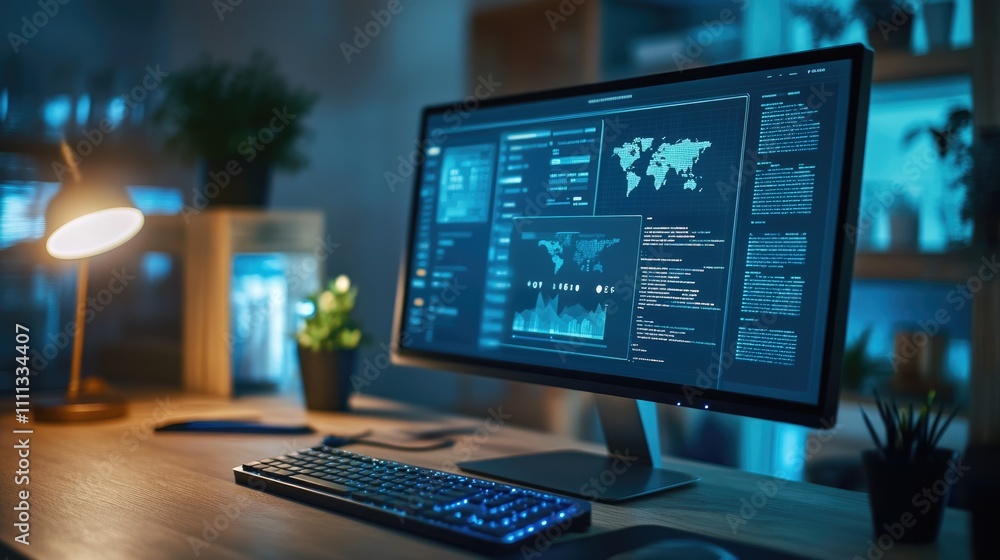 Poster modern computer workspace with data analysis and technology visuals