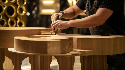 A detailed shot of a carpenter crafting custom wooden fixtures for a luxury hotel lobby renovation, Hotel renovation scene, Bespoke woodworking style
