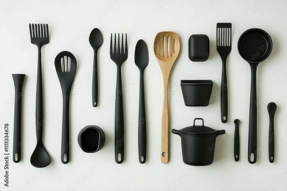 Aufkleber A collection of black kitchen tools and small pots displayed neatly on a white background, offering space for additional text or design elements. Generative AI