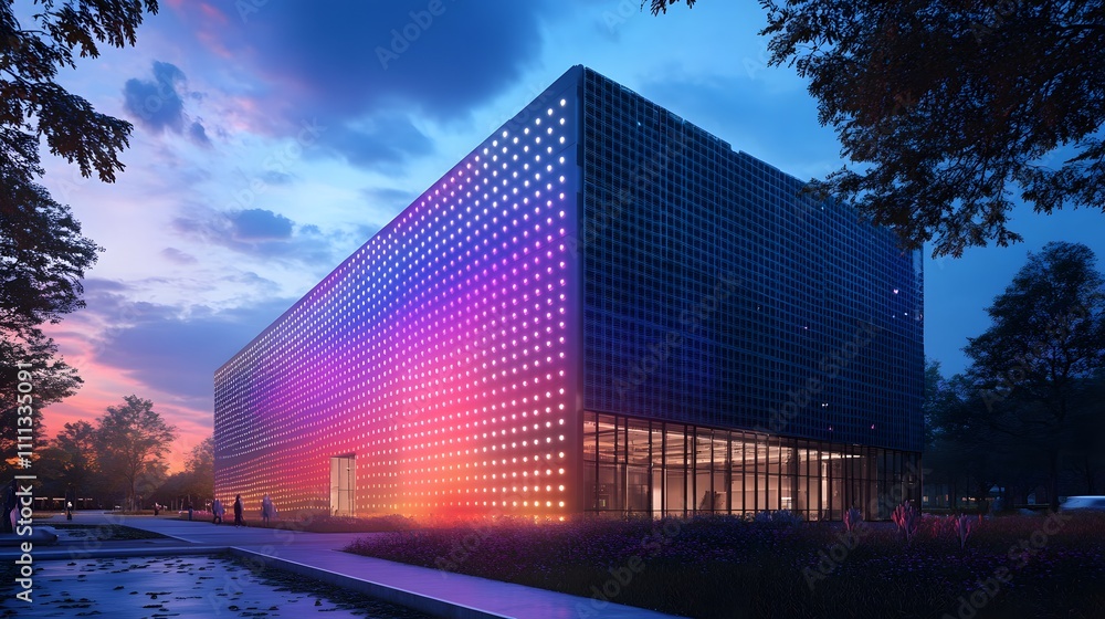 Poster a building with a colorful facade and a large window. the building is lit up with neon lights, givin