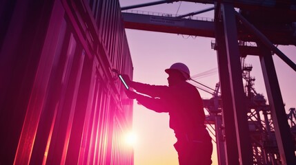 Silhouette of a Worker Inspecting Shipping Container at Port During Sunset with Bright Sky in Background and Cranes in Operation