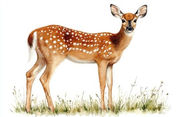 A realistic illustration of a fawn standing in a grassy area.
