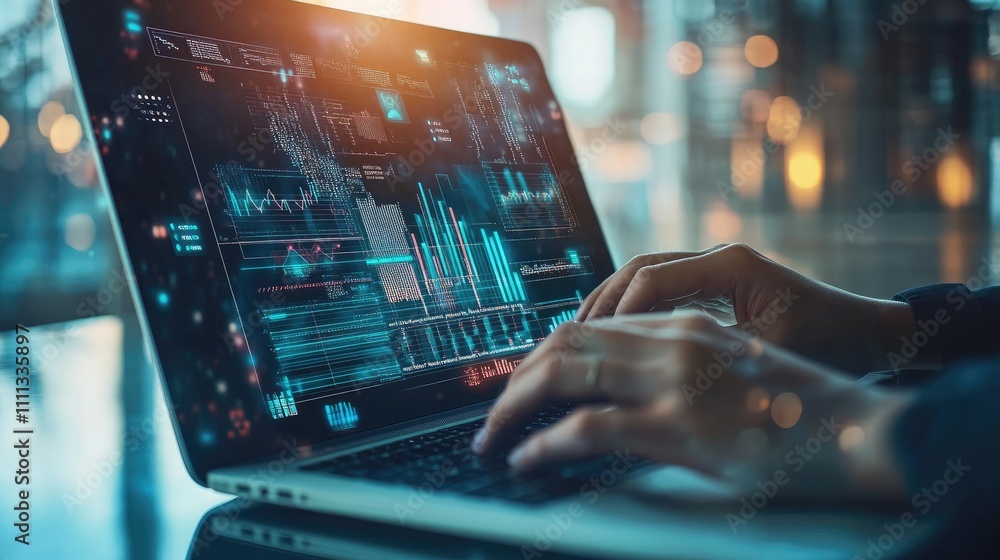 Poster businessman analyzing data on laptop with graphs and charts visuals