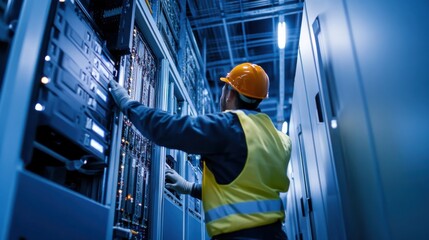 A detailed shot of an electrician installing electrical panels in a data center construction project, Data center construction scene, Electrical system integration style