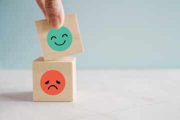 Hand choosing happy smile face wooden block, good feedback rating and positive customer review,...