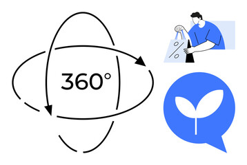 360-degree arrows, man carrying shopping bags, speech bubble with leaf symbol. Ideal for sustainability, retail, environmental awareness, versatile coverage, communication, eco-friendly living