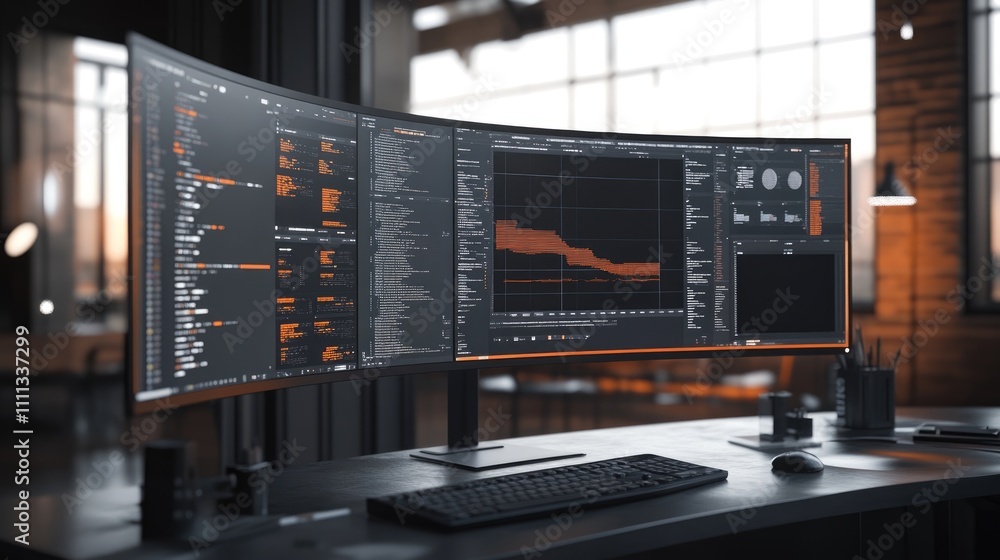 Poster modern workspace with dual curved monitors displaying data analysis