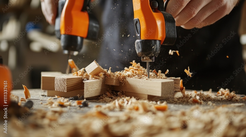 Poster hands using drills on wooden blocks with shavings and dust particles