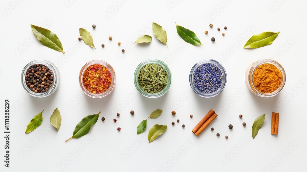 Poster bright spices in small jars paired with bay leaves and cinnamon sticks create a vibrant and aromatic