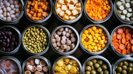 Various cans of dog food stacked on a shelf, showcasing a selection of different brands and flavors of dog food for pets. Ideal for pet owners seeking nutritious and convenient meal options for their 