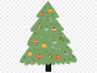 Hand drawn Christmas tree with chalk style decorations and childlike lines on  transparent background, perfect for festive designs. vector