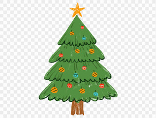 Hand drawn Christmas tree with chalk style decorations and childlike lines on  transparent background, perfect for festive designs. vector