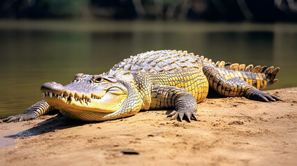 Fototapeta premium A dangerous reptile, the alligator, basks in the wild, its sharp teeth and scaly skin a stark contrast to the serene water
