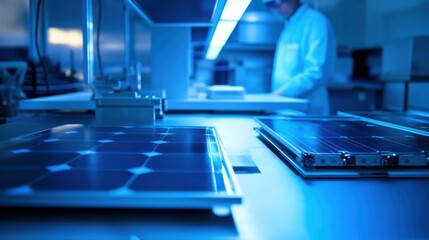 A detailed view of engineers in a clean energy research facility, testing solar panels under simulated sunlight, Clean energy research scene