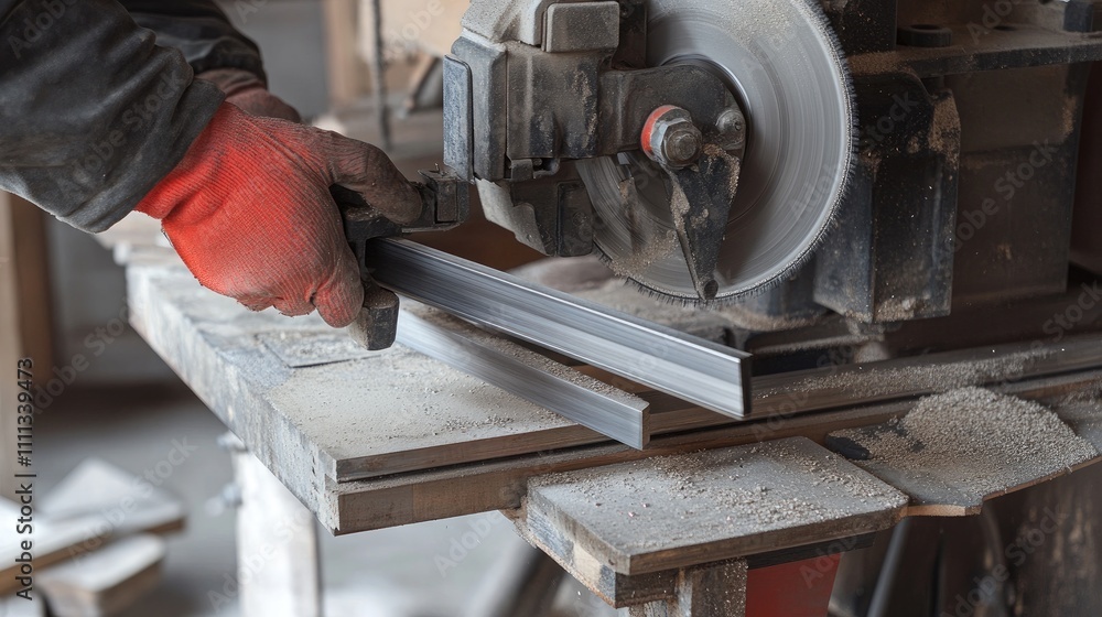 Poster worker using circular saw for metal cutting in workshop setting