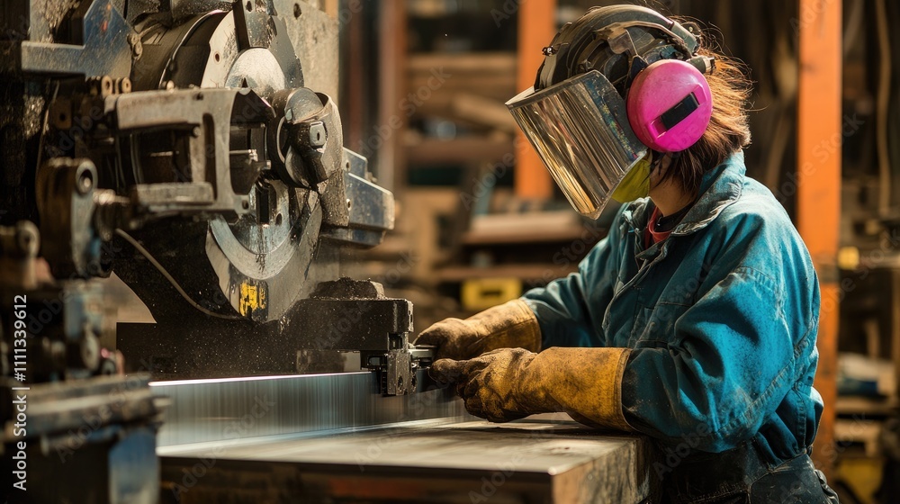 Poster worker using machine with protective gear in a workshop environment
