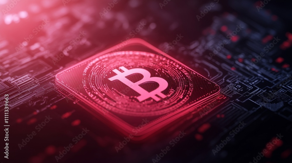 Poster digital representation of bitcoin on a circuit board background.