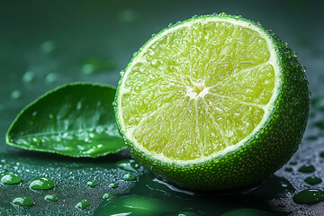 A juicy lime half with green leaves and water droplets